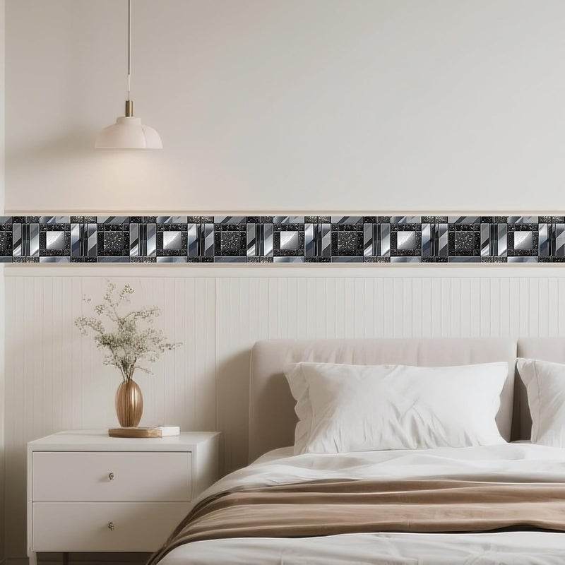 IVN Wallpaper Border Peel and Stick Wall Black and Silver Mosaic Decorative Wall Trim Self Adhesive Border for Walls Mirror Frame Accent Strip for Bedroom Kitchen LivingRoom 4x196 Inch - Image 2